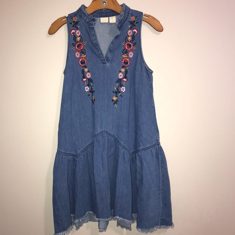 Anthropologie Denim Mini Dress with Floral Embroidery - Blue